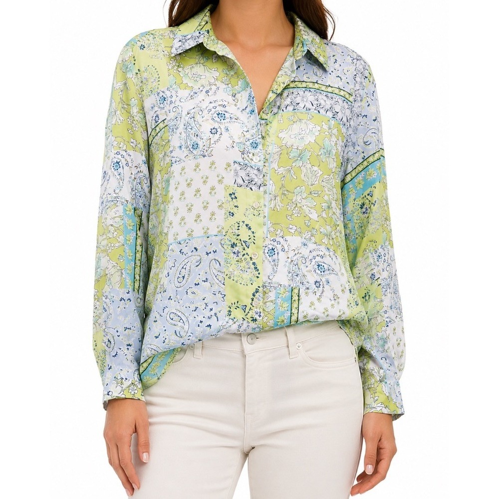 Zara Womens Blouse Top Green Blue Floral Paisley Patchwork Print Size M
